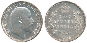Edward VII, Silver ½ Rupee, 1909, Calcutta Mint. About Uncirculated, Rare.