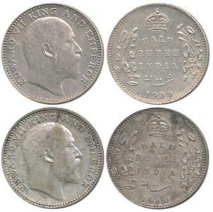 Edward VII, Silver ½ Rupee (2), 1909, 1910. About Extremely Fine, Rare. (2)