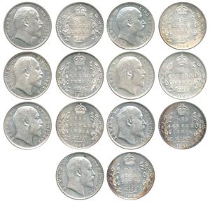 Edward VII, Silver Rupee (7), 1903, 1904, 1905, 1906, 1907, 1908 and 1909. About Extremely