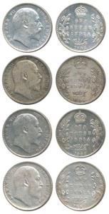 Edward VII, Silver Rupee (4), 1905, 1906 and 1907 (2). Very Fine to About Extremely Fine. 