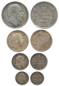 Edward VII, Silver Rupee, 1/2, ¼ and 2 Annas, 1906, 1910, 1903 and 1907. Very Fine to Extr