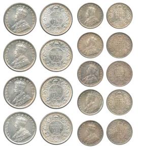 George V, Silver ¼ Rupee (4), 1934 and Silver 2 Annas (5), 1917. Uncirculated. (9)