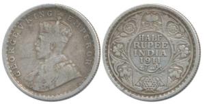 George V, Silver ½ Rupee, 1911, Calcutta Mint, No mint mark. About Very Fine, Extremely Ra