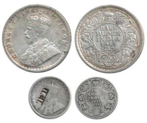 George V, Silver ½ Rupee, 1915 and 2 Annas, 1917, the second with a counter mark in Devnag