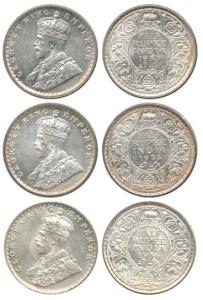 George V, Silver ½ Rupee (3), 1933, 1934 and 1936. Uncirculated, Scarce. (3)