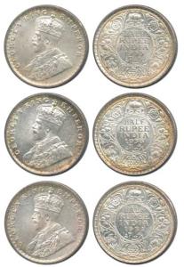 George V, Silver ½ Rupee (3), 1933, 1934 and 1936. Uncirculated, Scarce. (3)