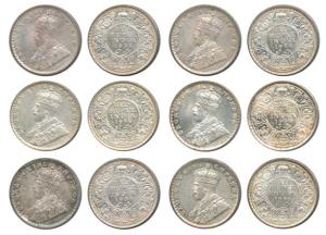 George V, Silver ½ Rupee (6), 1934 (3) and 1936 (3). Extremely Fine to Uncirculated. (6)
