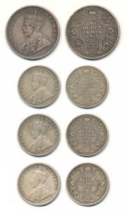 George V, Silver Rupee, 1915; Silver ½ Rupee (3), 1916 and 1928 (2). Fine+ to Very Fine+. 