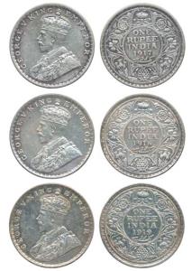 George V, Silver Rupee (3), 1917, 1918 and 1919. Very Fine+. (3)