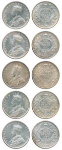 George V, Silver Rupee (5), 1916, 1917, 1918, 1919 and 1920. Very Fine+ to Extremely Fine.