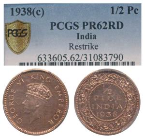 George VI, Copper ½ Pice, 1938, Calcutta Mint. Proof Restrike, slabbed and graded by PCGS 