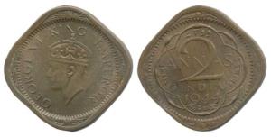 George VI, Nickel Brass 2 Annas, 1944, Lahore Mint, large date numerals. Uncirculated, Rar