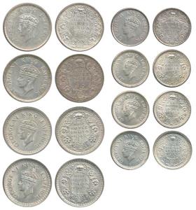 George VI, Silver ½ Rupee (4) 1939, 1941 and 1942 (2); ¼ Rupee (4), 1940, 1942 (2) and 194