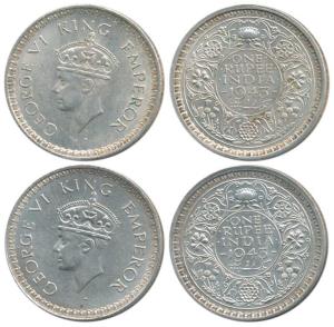 George VI, Half Silver Rupee (2), 1943, Bombay Mint, C / II, Small Head Large 3, (2). Extr
