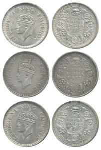 George VI, Half Silver Rupee (3), 1943, Bombay Mint, A / Ia, Large Head small 3. Very Fine