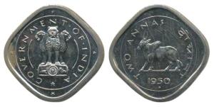 Anna Series, Cupro-Nickel 2 Annas, Bull walking to left, 1950. Proof, in Mint State, Rare.