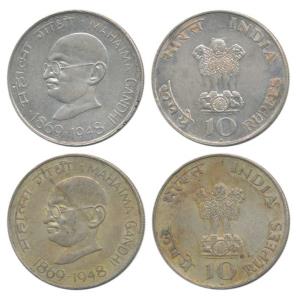 Silver Rupees 10, 1969, Gandhiji Birth Centennial. Very Fine+. (2)