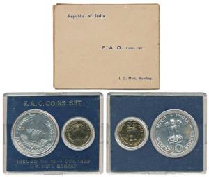 1970 Uncirculated Set, Food For All, set of 2, 20 Paise and Rupees 10. In near immaculate 
