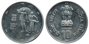 Cupro-Nickel Rupees 10, 1981, World Food Day, Bombay Mint (KM 196). Uncirculated.