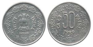 Cupro-Nickel 50 Paise, 1989, star mint mark for Hyderabad. Very Fine+, Very Rare.