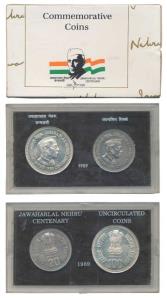 1989 Uncirculated Set, Jawaharlal Nehru Centenary, set of 2, Rupees 10 and 100. In immacul
