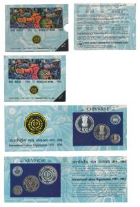 1994 Proof Set, World of Work, set of 3, Rupees 5 to 100. In immaculate condition, within 