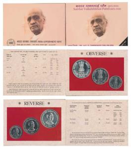 1996 Uncirculated Set, Sardar Vallabhbhai Patel, set of 3, Rupees 10 to 100. In immaculate