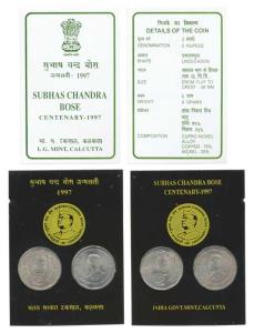 1997 Collector’s Pack, Subhash Chandra Bose Centenary, Rupees 2 (2), Calcutta Mint. Packed