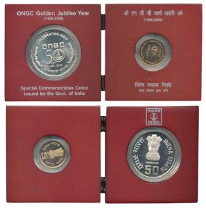 2006 ONGC set in a folding wooden case, set of 2, Rupees 5 and 50. In immaculate condition