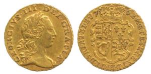 Great Britain, George III, Gold ¼ Guinea, 2.1g, 1762, crowned shield on rev. (KM 592). Nic