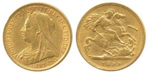 Great Britain, Victoria Queen, Gold ½ Sovereign, veiled head bust, 1899. Extremely Fine, R