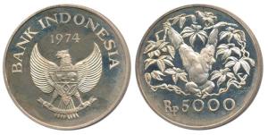 Indonesia, Silver Rupees 5000, 1974. Very attractive, Brilliant Uncirculated.