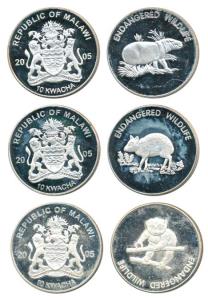 Malawi, Silver 10 Kwacha (3), 2005, Endangered Wildlife series. Uncirculated. (3)