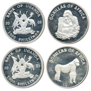 Uganda, Silver 1000 Shillings (2), 2003, Gorillas of Africa series. Uncirculated. (2)