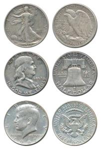 United States of America, Silver ½ Dollar (3), Walking Liberty, 1943; John Kennedy, 1967; 