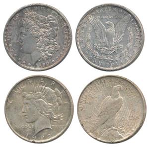 United States of America, Silver Morgan Dollar, 1890, and Peace Dollar, 1922. Very Fine+. 