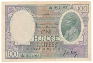 George V, Rupees 100, Bombay, 1927, signed J. W. Kelly, (J&R 10.3A). Very Fine+, Very Rare