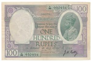 George V, Rupees 100, Calcutta, 1927, signed J. W. Kelly, (J&R 10.3B). Very Fine+, Very Ra