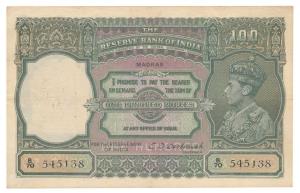 George VI, Rupees 100, 1938, Madras, signed C. D. Deshmukh, (J&R 7.2N). Very Fine+, Rare.