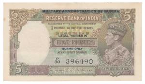 Burma, George VI, Rupees 5, 1st issue, 1944, “Military Administration of Burma, Legal Tend