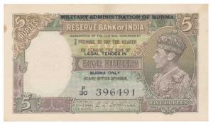 Burma, George VI, Rupees 5, 1945, “Military Administration of Burma, Legal Tender in Burma