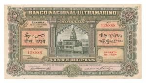 Indo-Portuguese, Rupias 20, Banco Nacional Ultramarino (J&R 26.2). About Extremely Fine, V