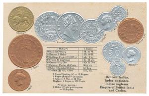 Embossed Postcard with impression of British India & British Ceylon coins. Printed in the 