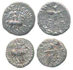 Indo-Scythian, Azes, Silver Drachm (2), king holding spear mounted on a horse to right on 