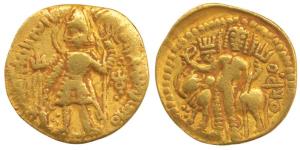 Kushanas, Vasudeva (c. 192-225 AD), Gold Dinar, 7.62g, obv. king nimbate standing left, ho
