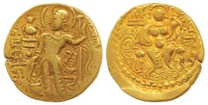Guptas, Samudragupta (335-380 AD), Gold Dinar, 7.23g, Sceptre type, obv. king nimbate, sta