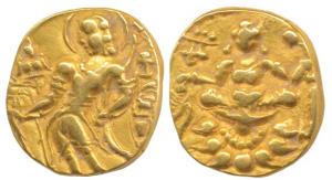 Guptas, Chandragupta II (AD 380-413), Gold Dinar, 7.78g, Archer type, inverted bow, obv. k