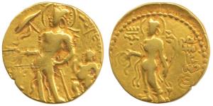 Guptas, Chandragupta II, Gold Dinar, 7.30g, Chhatra type, an attendant behind holding a ro