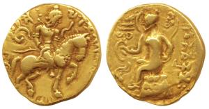 Guptas, Chandragupta II, Gold Dinar, 7.52g, Horseman type, obv. king riding a horse trotti