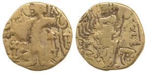 Kidara Kushanas, Base Gold, 7.6g, Kidara below the left elbow of the king on obv., goddess